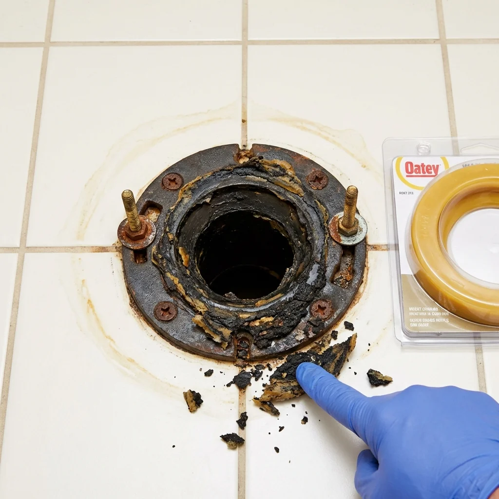 Failed wax ring showing water seepage at the base of a toilet in a Perry, MI home