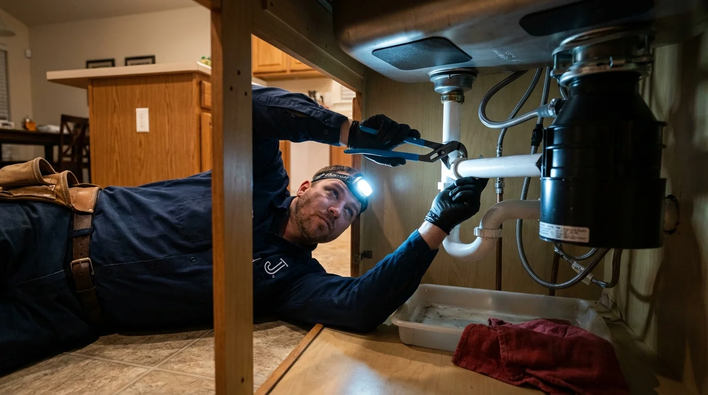 P-trap and supply line connections under a kitchen sink showing a common leak point in Perry, MI